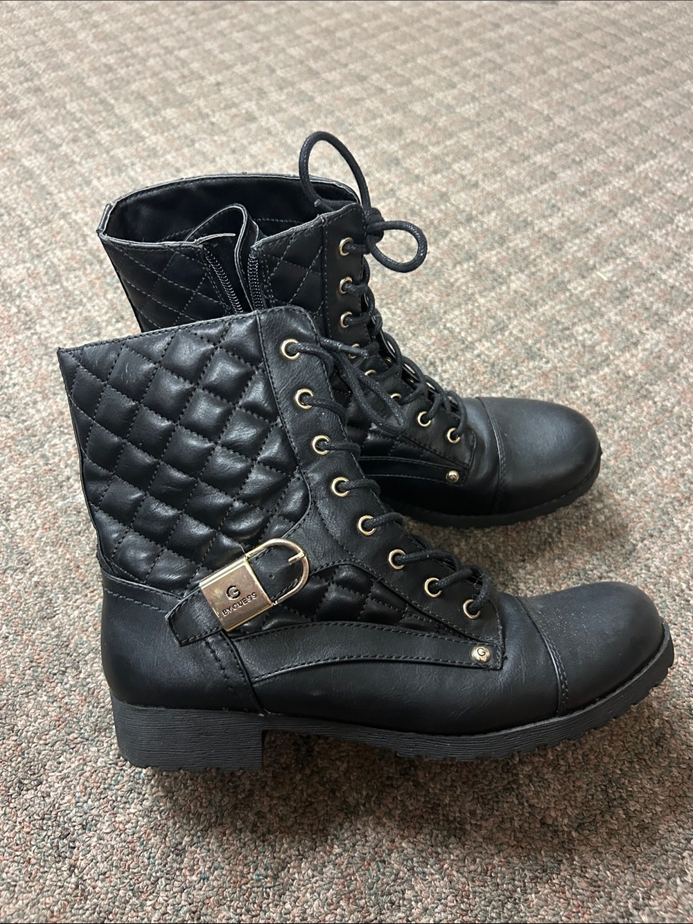 Guess Quilted Black Lace-Up Combat Boots with Buckle Detail Size 9